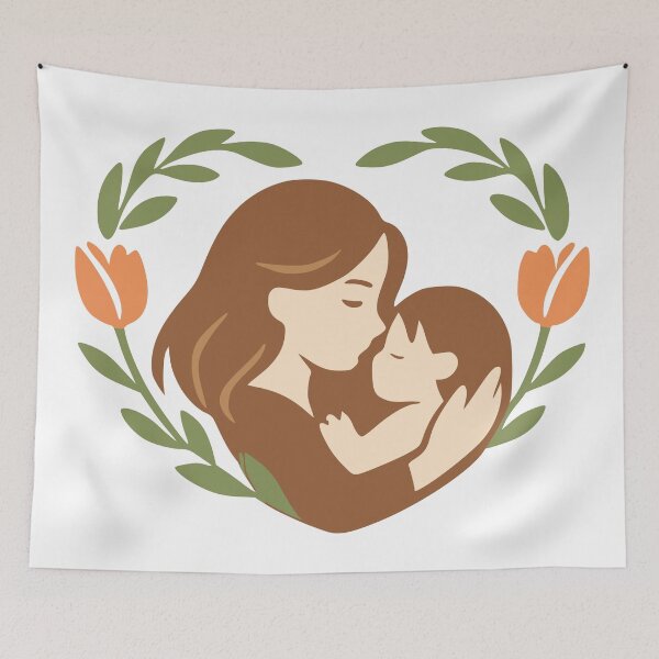 Item preview, Mother and Child Embrace in Floral Heart Illustration designed and sold by FunFitLife Studio.