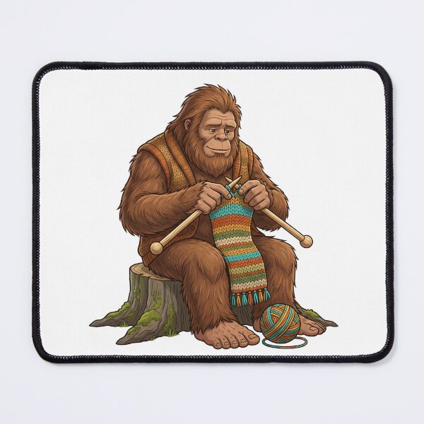 Item preview, Whimsical Bigfoot Knitting a Colorful Scarf Sitting on a Tree Stump designed and sold by Kvarny.