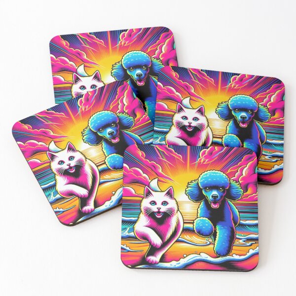 Item preview, "Neon Cat and Poodle Running on the Beach – Psychedelic Sunset Art" designed and sold by Dogandesighn.