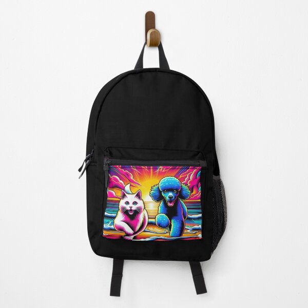 Item preview, "Neon Cat and Poodle Running on the Beach – Psychedelic Sunset Art" designed and sold by Dogandesighn.