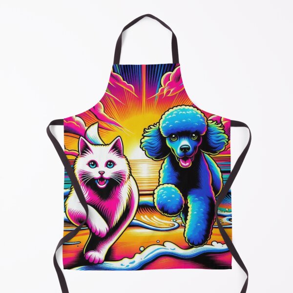Item preview, "Neon Cat and Poodle Running on the Beach – Psychedelic Sunset Art" designed and sold by Dogandesighn.