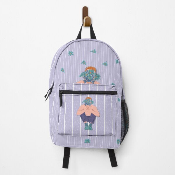 Item preview, Boy with boots and bouquet of flowers, soft violet striped background designed and sold by WONDERPRINTVALLEY.