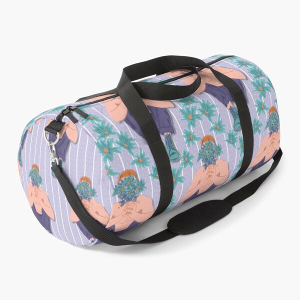 Item preview, Boy with boots and bouquet of flowers, soft violet striped background designed and sold by WONDERPRINTVALLEY.
