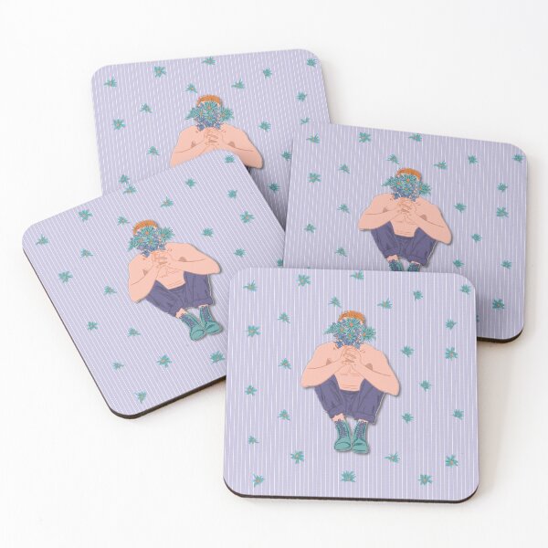 Item preview, Boy with boots and bouquet of flowers, soft violet striped background designed and sold by WONDERPRINTVALLEY.
