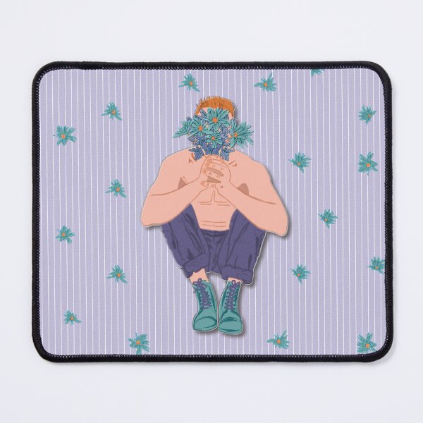 Item preview, Boy with boots and bouquet of flowers, soft violet striped background designed and sold by WONDERPRINTVALLEY.
