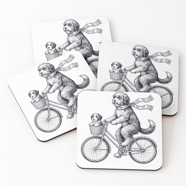 Aperçu de l'œuvre Chien de race Bearded Collie vintage à vélo, amoureux des chiens créée et vendue par DoodleTortle.