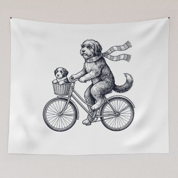 Aperçu de l'œuvre Chien de race Bearded Collie vintage à vélo, amoureux des chiens créée et vendue par DoodleTortle.