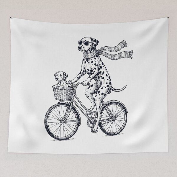 Aperçu de l'œuvre Vélo vintage dalmatien, cycliste amoureux des chiens créée et vendue par DoodleTortle.