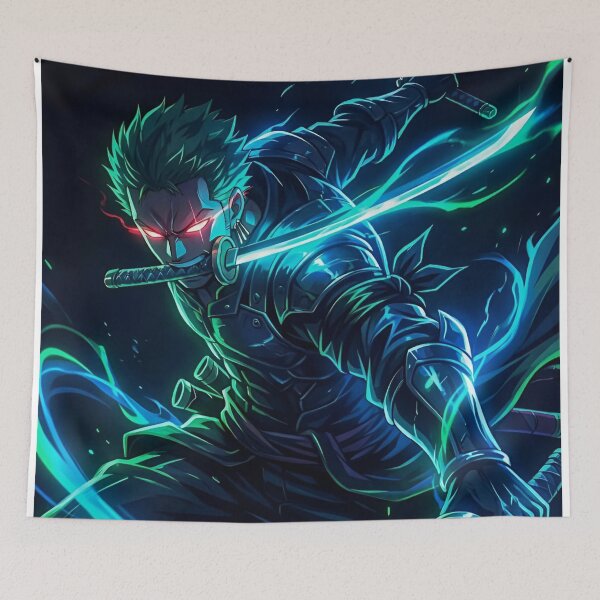 Item preview, Zoro - Dark Neon Swordsman – Triple Blade Anime Warrior with Electric Aura designed and sold by Dyan4.