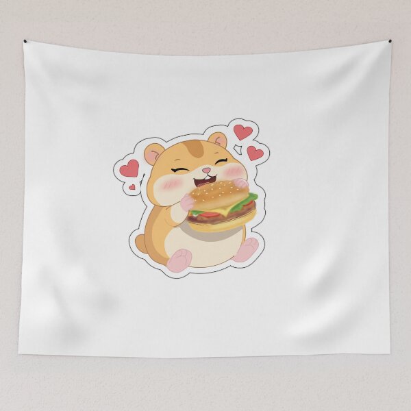 Item preview, Cute Hamster Eating Burger Sticker – Kawaii Food Lover Hamster with Hearts designed and sold by pn_terest.