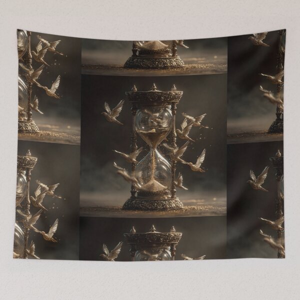 Item preview, Time Flies Vintage Golden Hourglass with Doves Surreal Art designed and sold by MouradStudio.