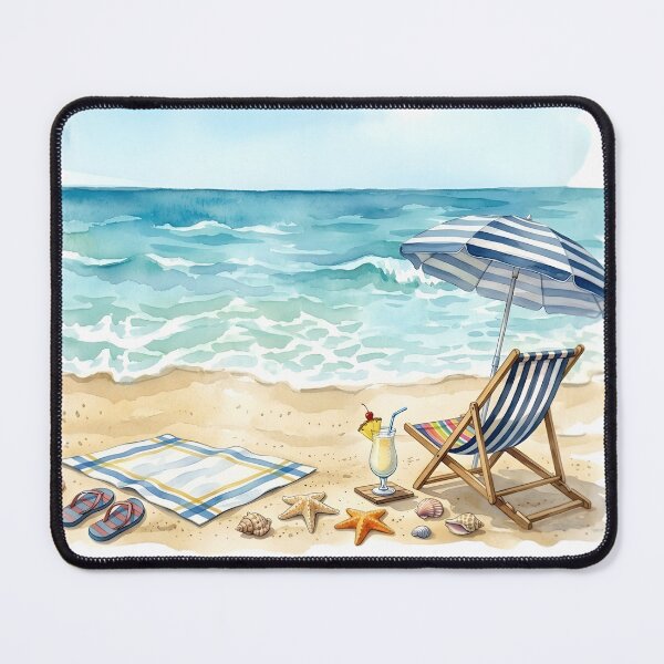 Item preview, Watercolor Beach Scene with Lounge Chair, Umbrella, and Tropical Cocktail - Coastal Summer Aesthetic designed and sold by VibranPalette.