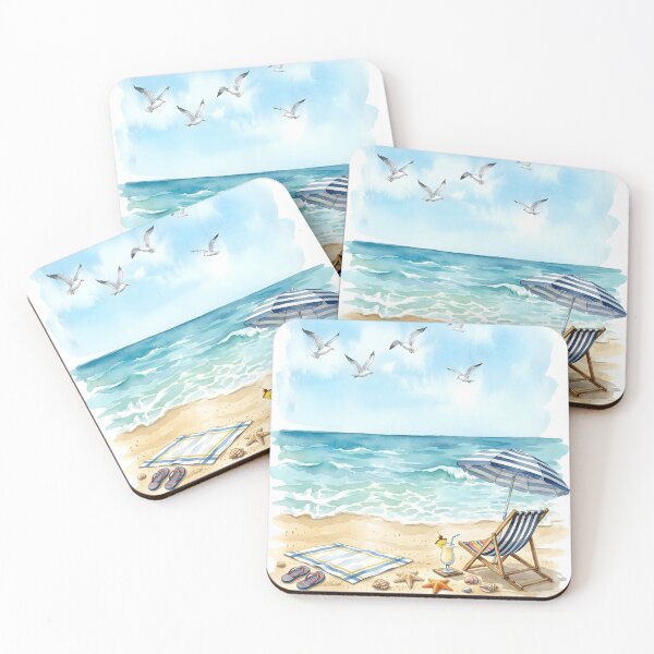 Item preview, Watercolor Beach Scene with Lounge Chair, Umbrella, and Tropical Cocktail - Coastal Summer Aesthetic designed and sold by VibranPalette.