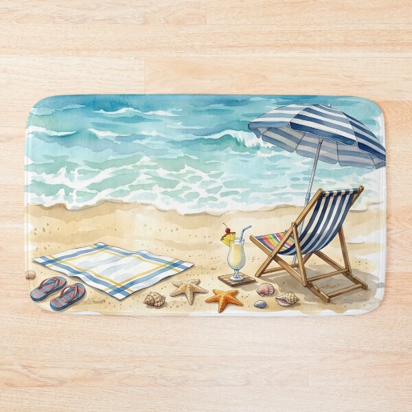 Item preview, Watercolor Beach Scene with Lounge Chair, Umbrella, and Tropical Cocktail - Coastal Summer Aesthetic designed and sold by VibranPalette.