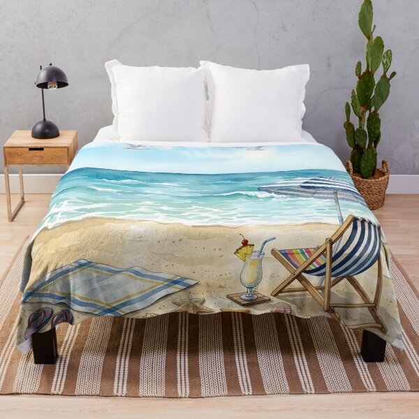Item preview, Watercolor Beach Scene with Lounge Chair, Umbrella, and Tropical Cocktail - Coastal Summer Aesthetic designed and sold by VibranPalette.