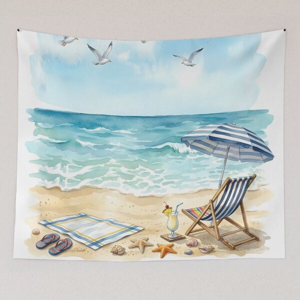 Item preview, Watercolor Beach Scene with Lounge Chair, Umbrella, and Tropical Cocktail - Coastal Summer Aesthetic designed and sold by VibranPalette.