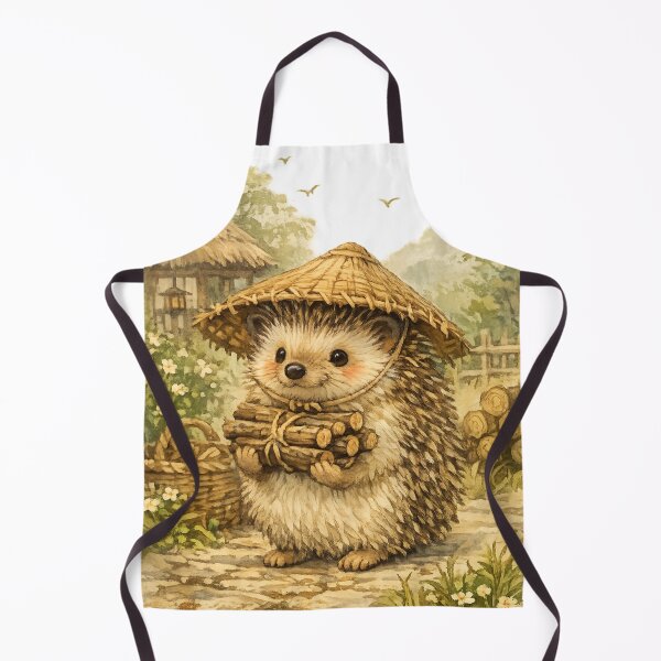 Artikelvorschau, Igel trägt Brennholz Japanisches Dorf Cottagecore Aquarellkunst entworfen und verkauft von Nami Print.