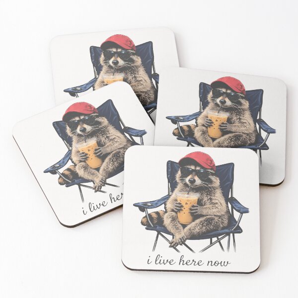 Item preview, I Live Here Now Funny Raccoon Drinking Iced Coffee Camping Meme designed and sold by Gettingalong.