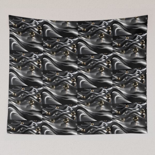 Item preview, Lustrous silver fabric-like waves adorned with reflective gold spheres in a dark, moody setting. designed and sold by Dreamy Armine Art.