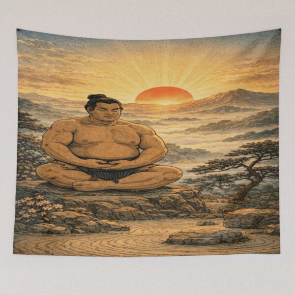 Item preview, Meditating Sumo at Sunrise – Japanese Zen Art Print designed and sold by ArtFreshStudio.