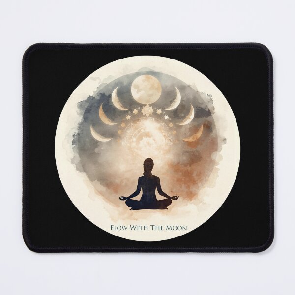 Item preview, Elegant moon phases with yogi meditating below, cosmic aura, mystical text ‘Flow With The Moon’ 8 designed and sold by Neon G.