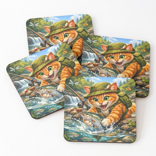 Item preview, Cute Fishing Cat Catching Fish in River | Funny Cartoon Kitten Graphic designed and sold by ArtoryNest.