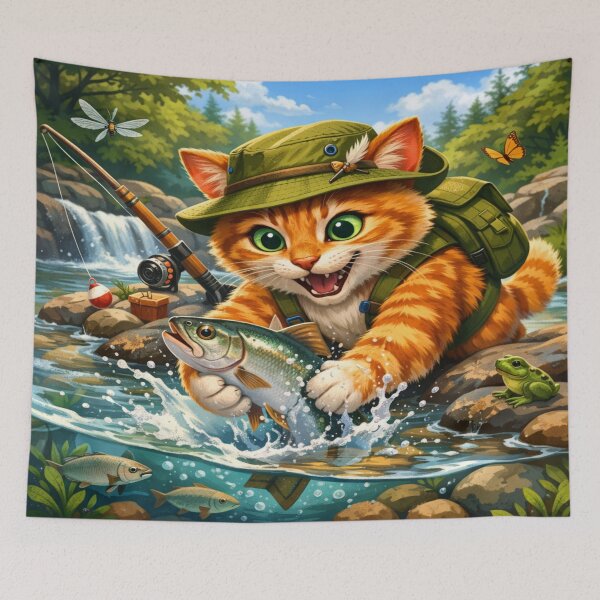 Item preview, Cute Fishing Cat Catching Fish in River | Funny Cartoon Kitten Graphic designed and sold by ArtoryNest.