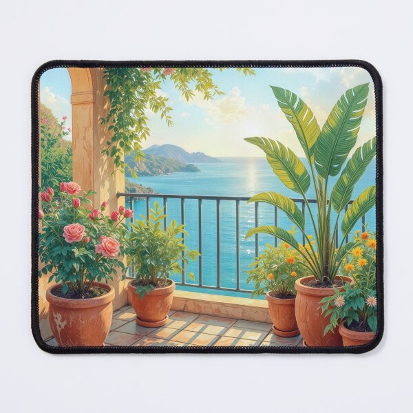 Item preview, Sunny Seaside Terrace with Potted Plants designed and sold by Maria Dryfhout.