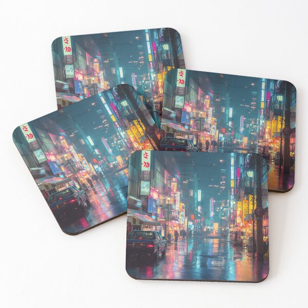 Item preview, Rainy Neon Tokyo Street at Night with Blue Car – Cyberpunk Reflections designed and sold by EK-World.