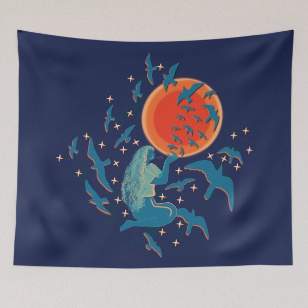 Item preview, The nymph blowing creates birds that roam the night, blue night background designed and sold by WONDERPRINTVALLEY.