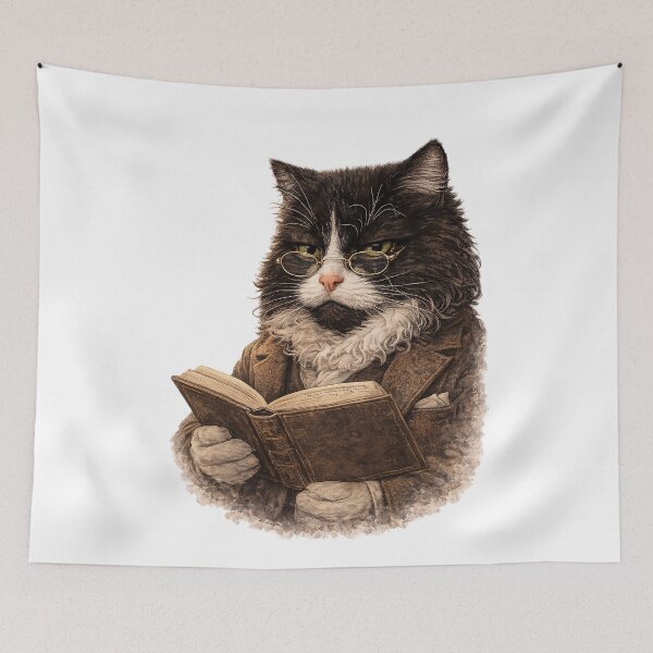 Item preview, Elegant Scholar Cat Reading Book – Vintage Intellectual Cat Art, Tuxedo Cat Illustration designed and sold by bambooks.tabooks.