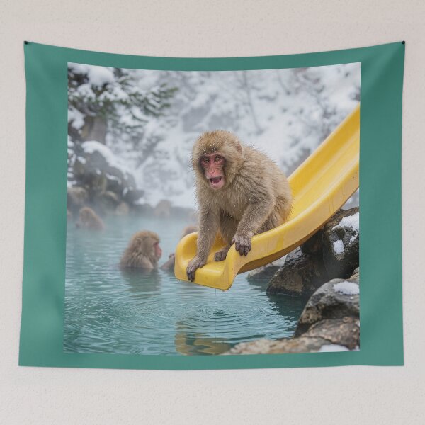 Item preview, Macaque Plays on a Slide in Onsen designed and sold by Tridentulus.