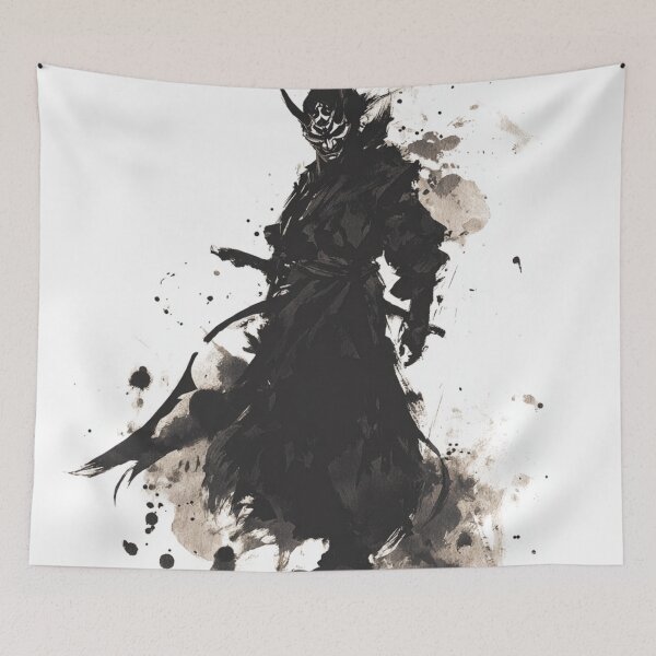Item preview, Demon Samurai Ink Art – Dark Oni Mask Warrior, Japanese Sumi-e Style, Gothic Minimalist Design designed and sold by Mr-BUSHIDOU.