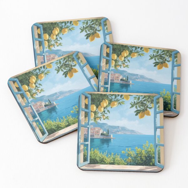 Item preview, Mediterranean Lemon Window Painting | Coastal Wall Art | Blue Shutters Sea View designed and sold by CARRAANN.