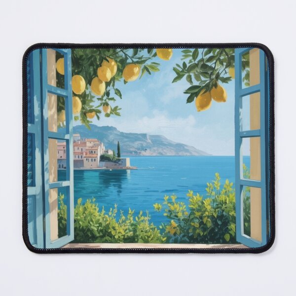 Item preview, Mediterranean Lemon Window Painting | Coastal Wall Art | Blue Shutters Sea View designed and sold by CARRAANN.