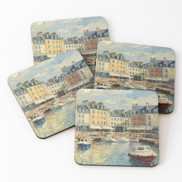 Item preview, French Harbor Painting with Boats | Coastal Town Wall Art | European Seaside Scene designed and sold by CARRAANN.