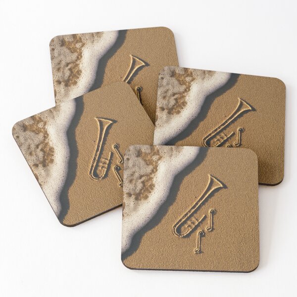 Artikelvorschau, Trompetenumriss mit Noten in goldenem Sand entworfen und verkauft von chase-thewave.