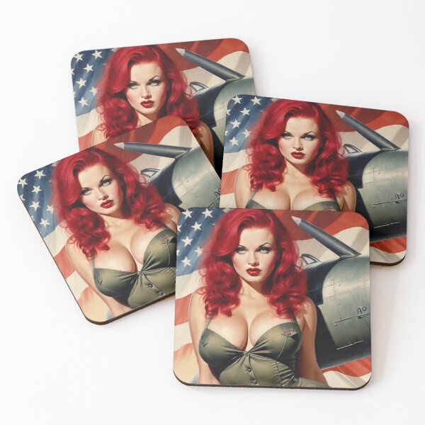 Item preview, Fiery Redhead WWII Aviation Pin-Up Girl – Patriotic Retro Nose Art designed and sold by MissSaylor.