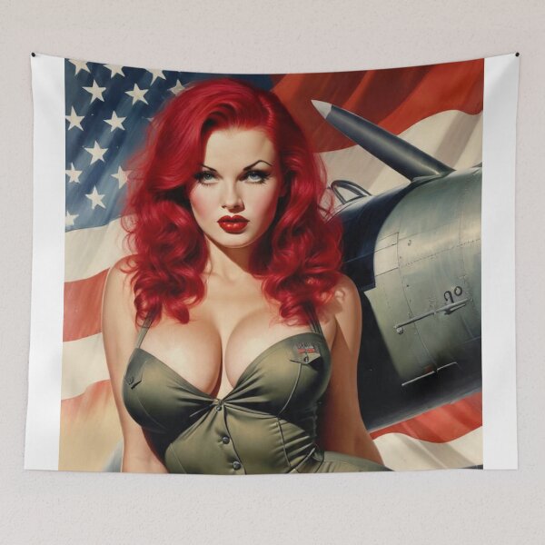 Item preview, Fiery Redhead WWII Aviation Pin-Up Girl – Patriotic Retro Nose Art designed and sold by MissSaylor.