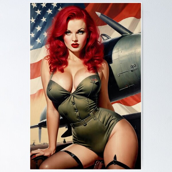 Item preview, Fiery Redhead WWII Aviation Pin-Up Girl – Patriotic Retro Nose Art designed and sold by MissSaylor.