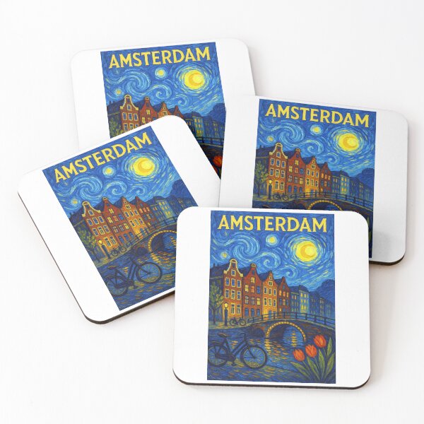 Item preview, ✨Amsterdam ✈ – Stary Night / Vincent van Gogh Inspired Travel Poster – Netherlands Edition – CITY OF CANALS✨ designed and sold by WheelieGdArt.