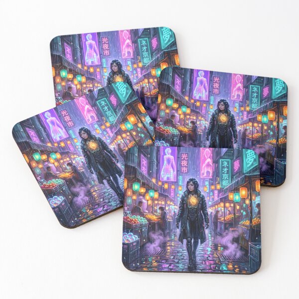 Item preview, Cyberpunk Android Neon Rain Market Night Art Print designed and sold by MystArt1.