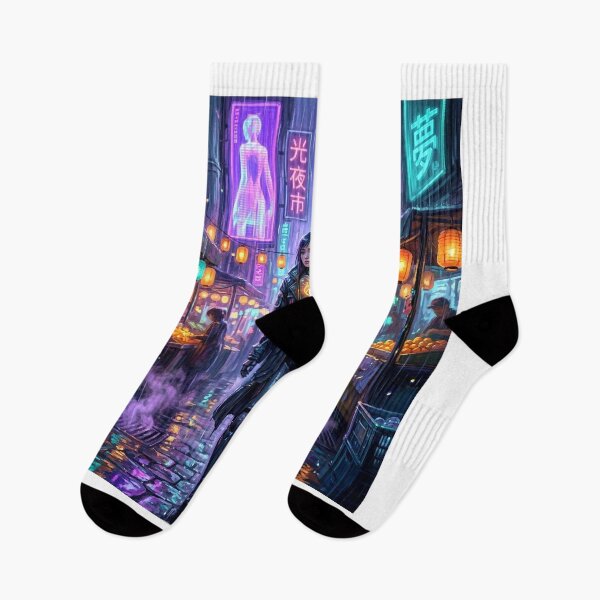 Item preview, Cyberpunk Android Neon Rain Market Night Art Print designed and sold by MystArt1.