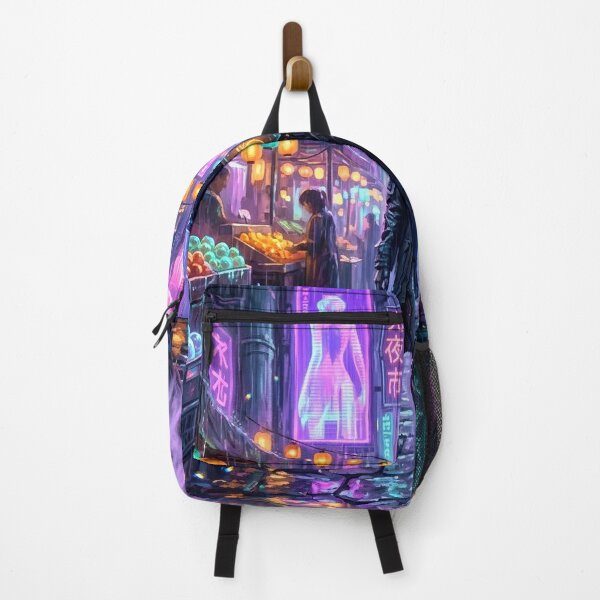 Item preview, Cyberpunk Android Neon Rain Market Night Art Print designed and sold by MystArt1.