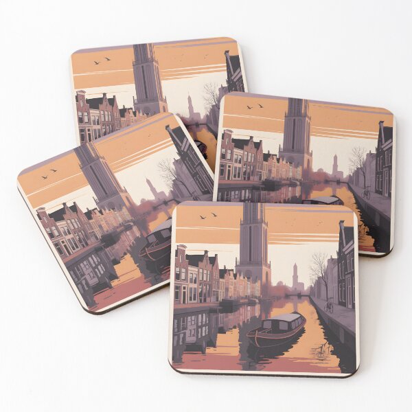 Item preview, Vintage Utrecht Dom Tower Sunset Poster with Canal View designed and sold by FestivityFinds.