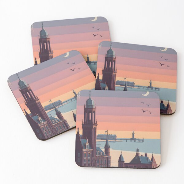 Item preview, The Hague Netherlands Sunset Skyline Vintage Travel Poster designed and sold by FestivityFinds.