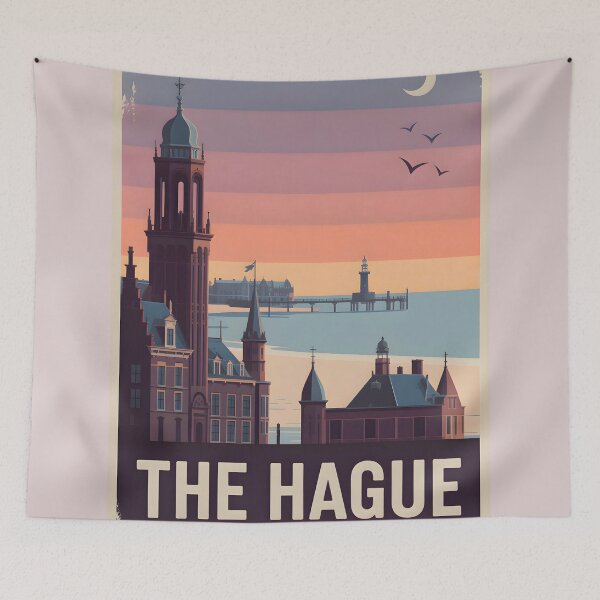 Item preview, The Hague Netherlands Sunset Skyline Vintage Travel Poster designed and sold by FestivityFinds.