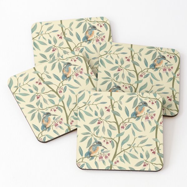 Item preview, Bird in gum tree - Kingfisher bird - bird and gum leaves on pale yellow designed and sold by ahahdodo.