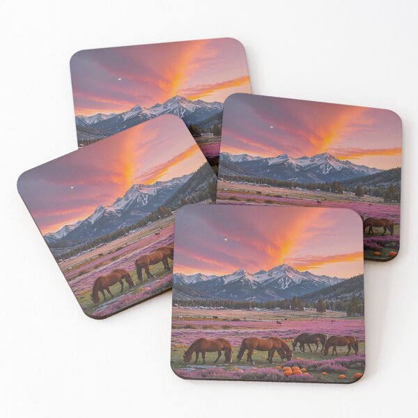 Item preview, Golden Sunset Over Mountain Valley with Grazing Horses- Dreamy Nature Landscape  designed and sold by BeautifulVirtues.