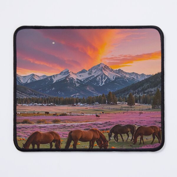 Item preview, Golden Sunset Over Mountain Valley with Grazing Horses- Dreamy Nature Landscape designed and sold by BeautifulVirtues.